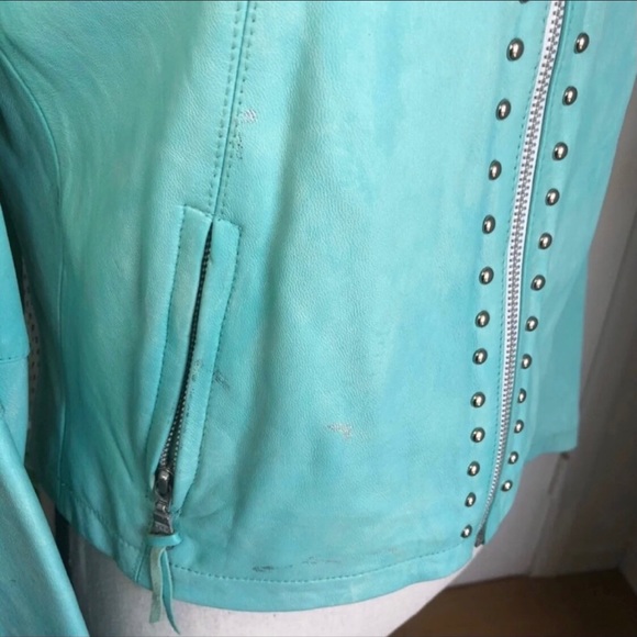 Leather Turquoise distressed Biker Jacket NWOT - Picture 5 of 11